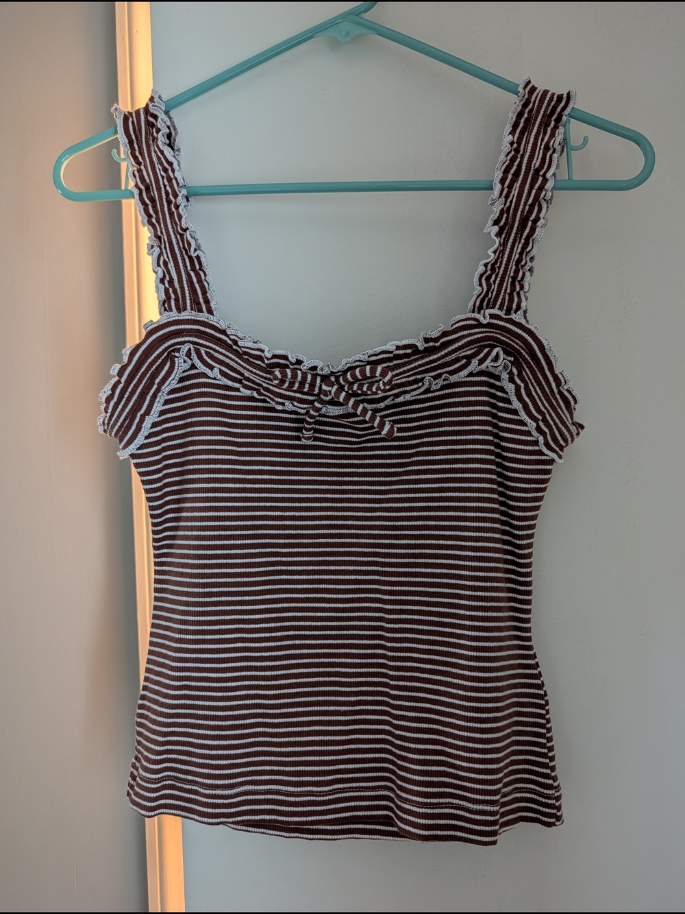 Maeve Brown & White Striped Ruffle-Trim Tank